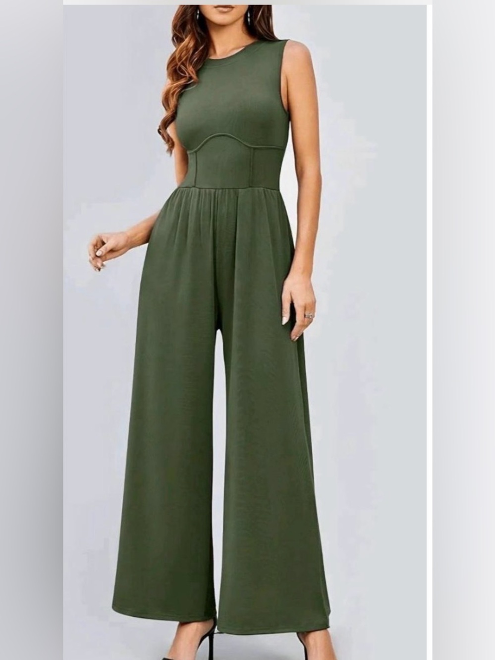 Cider Olive Green Sleeveless Wide-Leg Jumpsuit